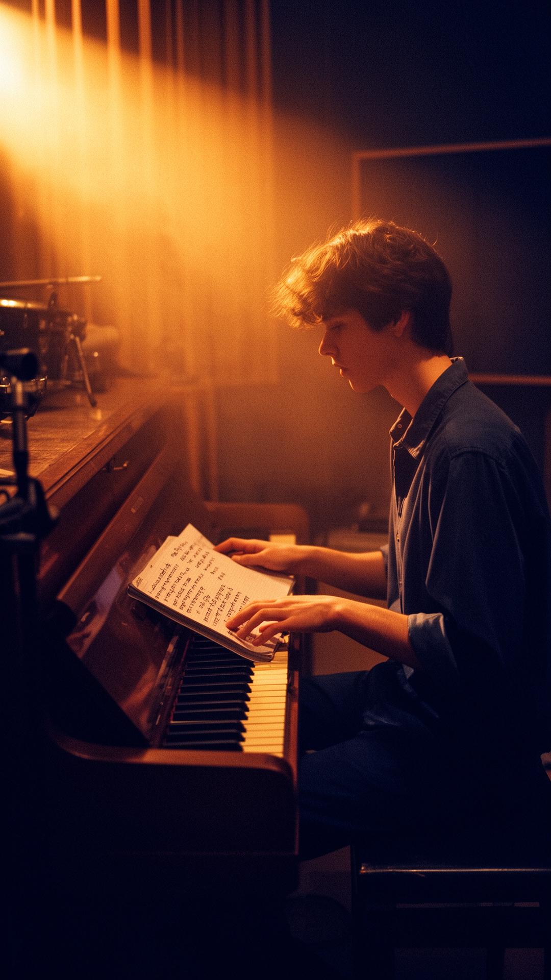 Young songwriter at piano writing lyrics in warm studio light